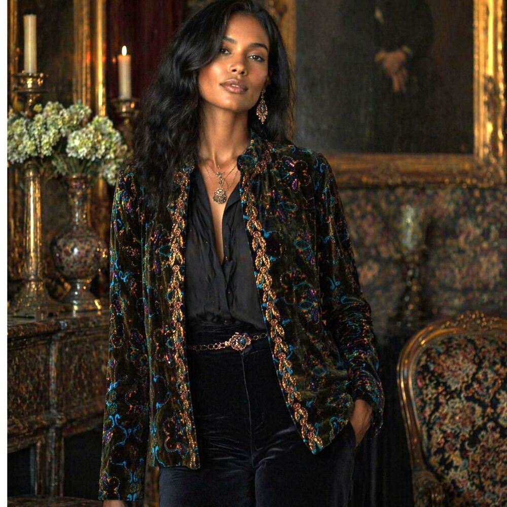 Chicos Embellished Paisley Jacket Sz 3 Dark Green Lightweight Open Front Blazer